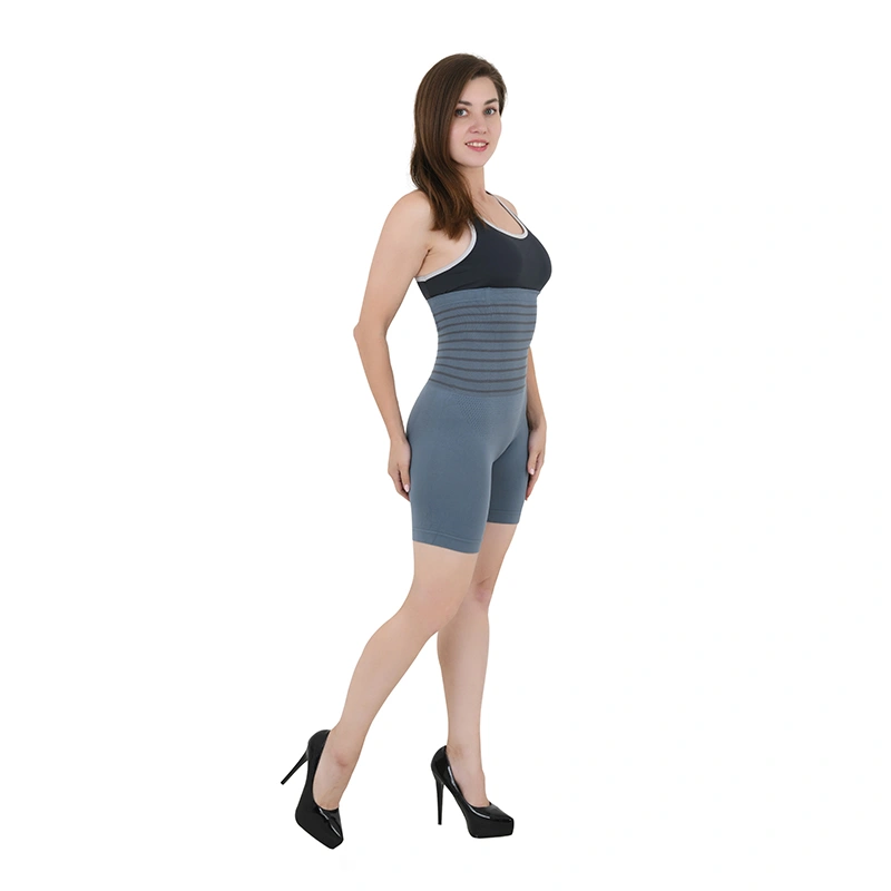 Steel blue seamless body shaper shorts with striped waistband, walking pose - shapewear ecommerce photography Delhi, Lohar Studio